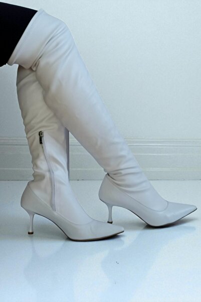 ERS Air Comfort White Genuine Leather Women's Stretch Over-The-Knee Boots 7 cm Pointed Toe