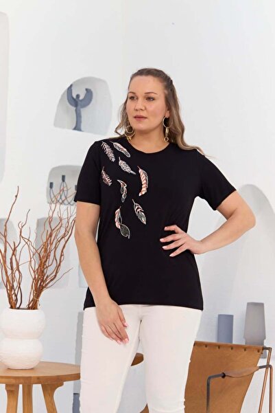 RMG Gamze Moda Leaf Embroidery and Stone Embellished Plus Size T-Shirt