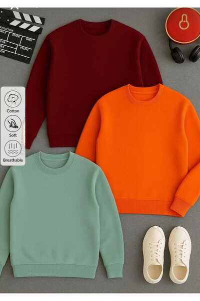 blackbonds 3lü kombin renkler baskısız basic bisiklet yaka Sweatshirt