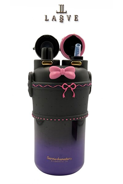 kuromi Licenssed My Melody Figured 2-Lid Steel Water Bottle with Strap, Straw and Normal Drinking Capacity 550 ml