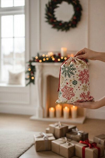 Poros Store Hediye Paketi 20x30cm Yılbaşı Desenli Hediye Kesesi Kumaş