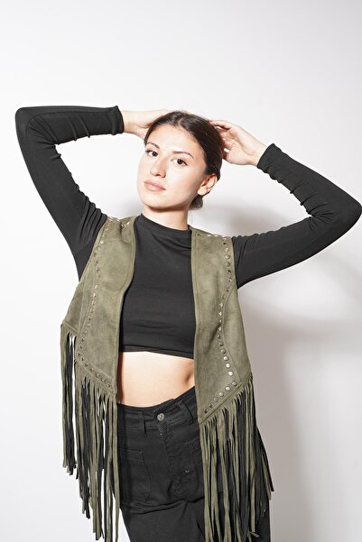 Pafi Moda سترة كاملي طويلة ذات شراشيب باللون الكاكي