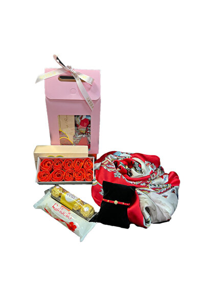 velve Pachet cadou pentru femei, Sweet Pink, cu esarfa, bratara martisor, trandafiri din sapun, Rosu