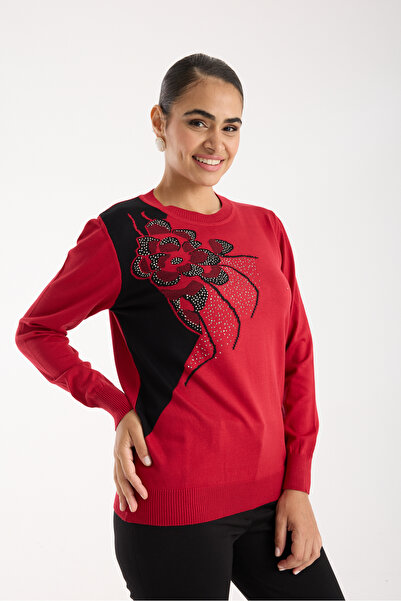 Moda Days Women's Red Elite Viscose Fabric Stone Detailed Crew Neck Knitwear Blouse