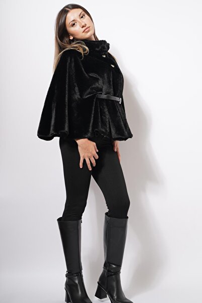 Pafi Moda Peris Kemerli Peluş Panço Siyah