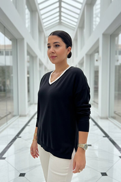 Bİ.GİYSEN Γυναικείο μαύρο πλεκτό πουλόβερ με λαιμόκοψη σε σχήμα V, διπλό χρώμα, βαμβακερό πλεκτό, λεπτό πλεκτό Buluz