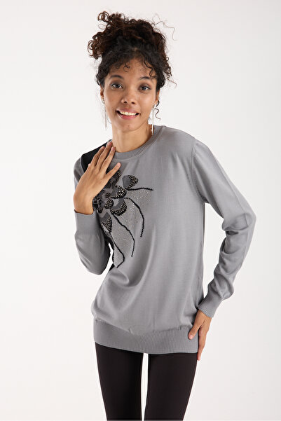 Moda Days Women's Gray Elite Viscose Fabric Stone Detailed Crew Neck Knitwear Blouse