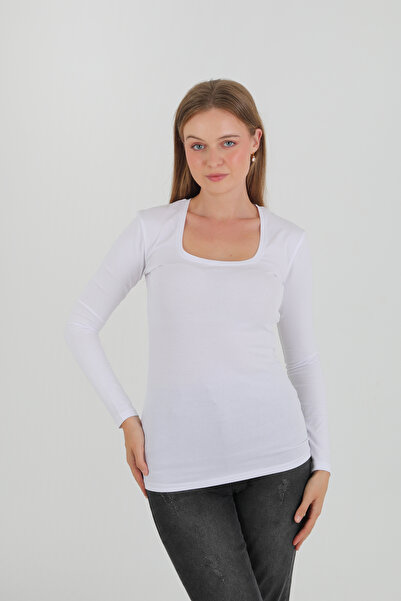 GIANT BASIC بلوزة بيضاء بأكمام طويلة وياقة مربعة/بادي/بودي/توب