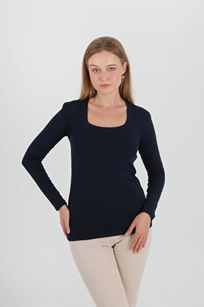 GIANT BASIC بلوزة بأكمام طويلة وياقة مربعة باللون الأزرق الداكن