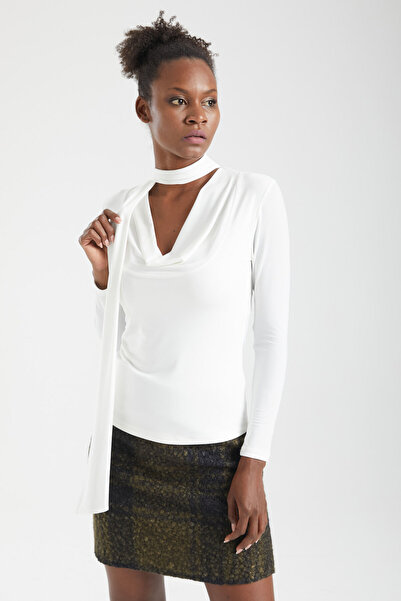 By Yaren Yazıcı Women's Ecru - White Self-Tie Draped Collar Long Sleeve Blouse Day Night Office Chic