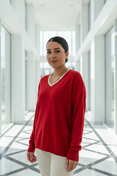 Bİ.GİYSEN Γυναικείο κόκκινο πλεκτό πουλόβερ με λαιμόκοψη σε σχήμα V, διπλό χρώμα, βαμβακερό πλεκτό, λεπτό πλεκτό Buluz