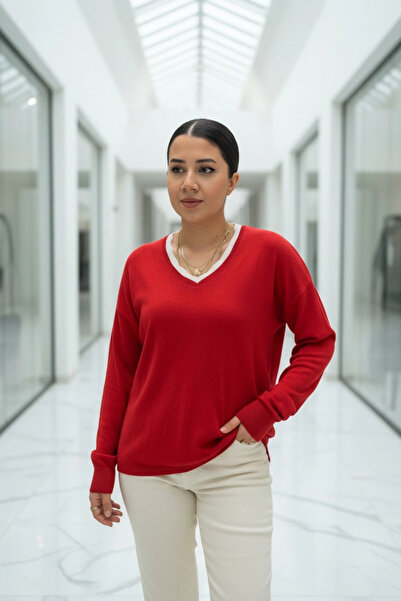 Bİ.GİYSEN Γυναικείο κόκκινο πλεκτό πουλόβερ με λαιμόκοψη σε σχήμα V, διπλό χρώμα, βαμβακερό πλεκτό, λεπτό πλεκτό Buluz