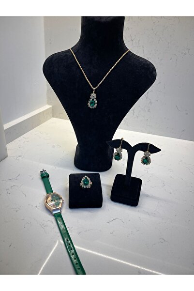 Hediye Time Zümrüt Taşlı Özel Tasarım 4’lü Takı Seti (Kolye, Küpe, Yüzük, Saat)