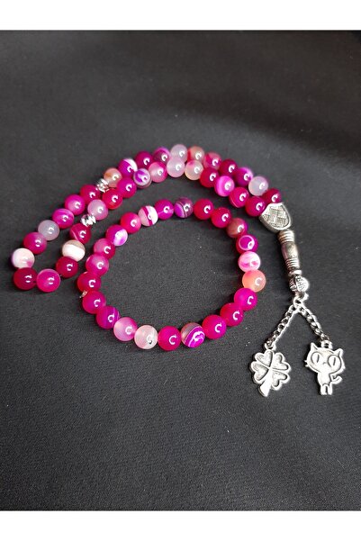 MRYart مجموعة سبحة وسوار من حجر العقيق الطبيعي الوردي