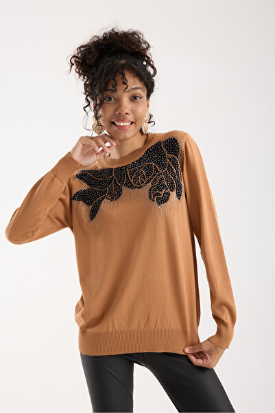 Moda Days Women's Beige Elite Viscose Fabric Stone Detailed Crew Neck Knit Bl...