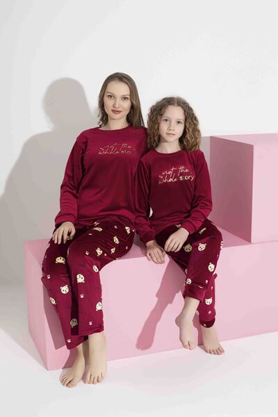 Mine style Mother Daughter Velvet-Red Moon Embroidery Injection-Printed Winter French Velvet Pajama Set