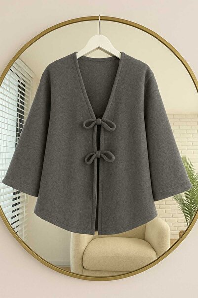 Giyim Gezegeni Осінь і зима Каше Тканина Тессетур Туніка-Передня частина зав'язується Кімоно Сірий Oversize Новий сезон Зручний крій