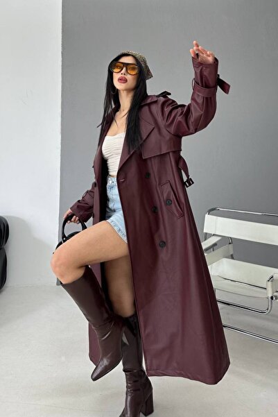 AKD Atelier Women's Trench Coat Long Faux Leather Belted Buttoned Pockets Slit Double Breasted Lapel Trench Coat