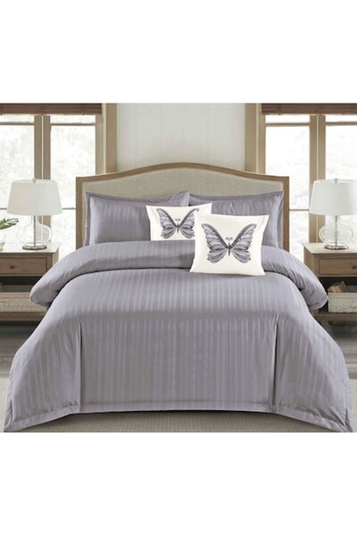 OEM Set Double Bed Linen, Uni, Finet Damask Type, 1 cm Stripe, 6 Pieces, Fitted Sheet 180x200 cm, Duvet