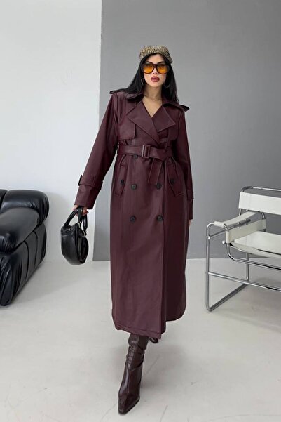 AKD Atelier Women's Trench Coat Long Faux Leather Belted Buttoned Pockets Slit Double Breasted Lapel Trench Coat