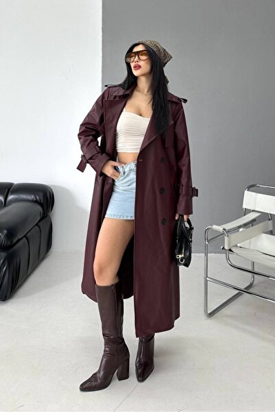 AKD Atelier Women's Trench Coat Long Faux Leather Belted Buttoned Pockets Slit Double Breasted Lapel Trench Coat