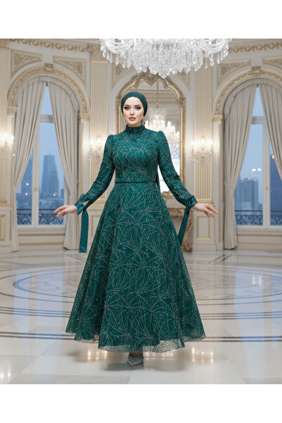 ALA MİRA Payet Boncuk İşlemeli Zümrüt Yeşili Tesettür Abiye Elbise ALM4908ZY