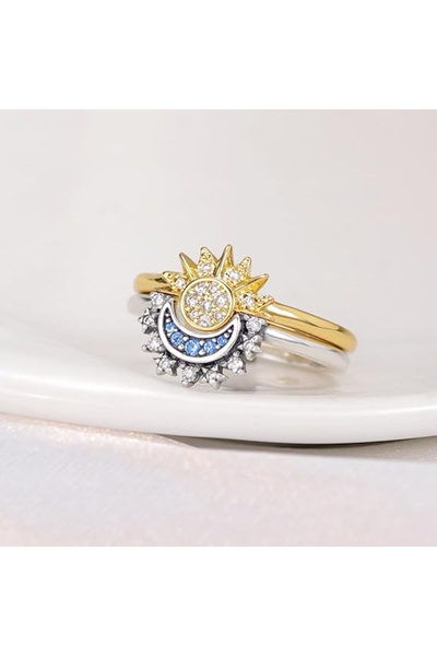 OEM Inele fine din argint 925 și zirconiu șlefuit, set de 2 piese Soare și Lună