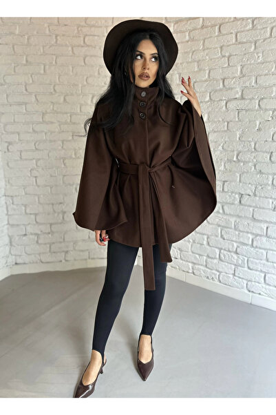 moneta boutique Women's Belted Stand Collar Cashmere Poncho