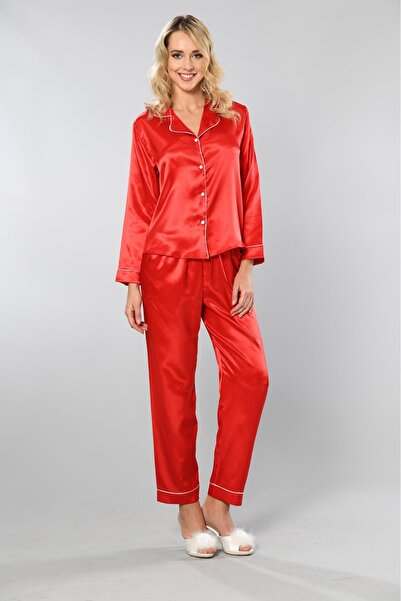 Viselya Λευκό σετ πιτζάμες από κόκκινο σατέν με ρέλι