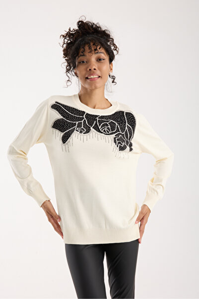 Moda Days Women's Ecru Elite Viscose Fabric Stone Detailed Crew Neck Knitwear Blouse