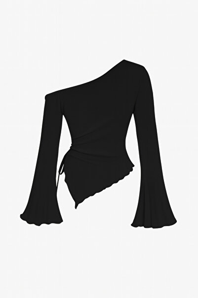 FrereConception Women's Black Long Spanish Sleeve Asymmetrical Neckline Side Tie Draped Blouse
