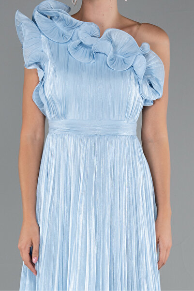 Abiyefon Buz Mavisi Fırfırlı Tek Omuz Midi Şifon Abiye Elbise ABK2434