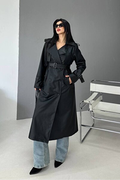 AKD Atelier Women's Trench Coat Long Faux Leather Belted Buttoned Pockets Slit Double Breasted Lapel Trench Coat