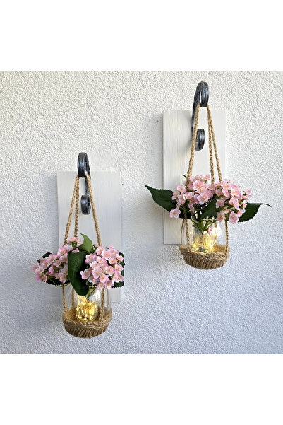 STDEKOR Wall Decor, Led Lighted, Pink Mini Hydrangea Flowers, White Sconce Set of Two