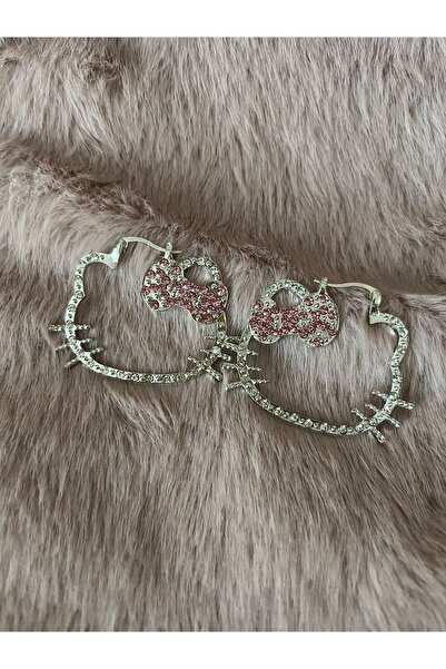 Tenshi Hello Kitty Taşlı Y2K Kore Tarzı Sevimli Pembe ve Gümüş Renkli Küpe