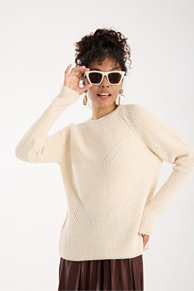 Moda Days Women's Ecru Thessaloniki Knitted Raglan Sleeve Crew Neck Glitter Knitwear Sweater