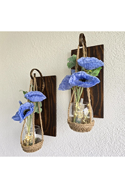 STDEKOR Wall Decoration, Led Lighted, Blue Poppy Flowers, Walnut Sconce Set of Two