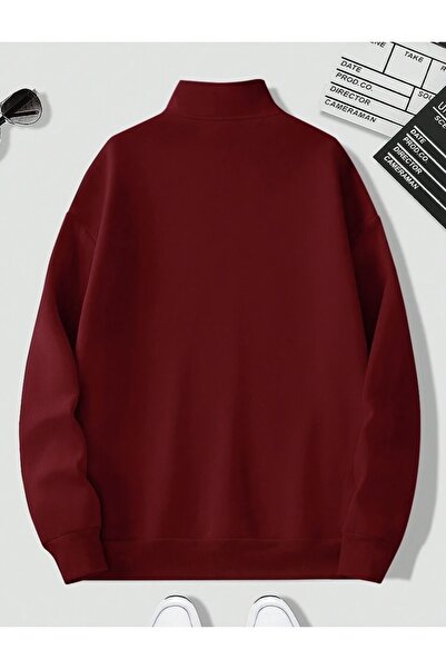 BYMEER Burgundy Stand Collar Half Zipper Plain Pullover Sweatshirt