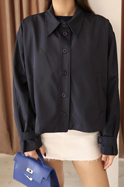 Hazel Women's Navy Blue Short Oversize Trench Coat