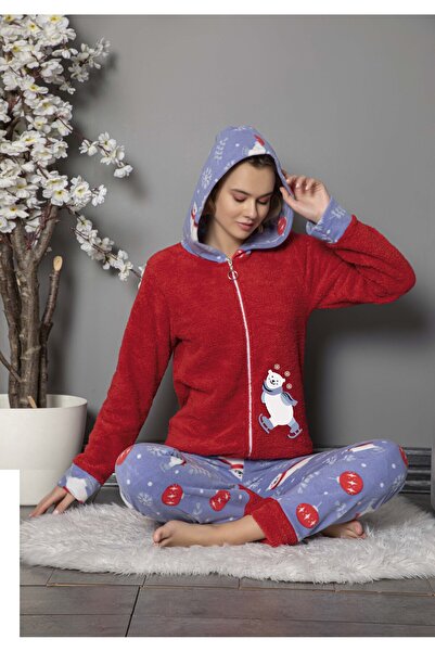 MOPİ Welsoft Hooded Zippered Long Sleeve Plush Soft and Warm 2-Piece Pajama Set