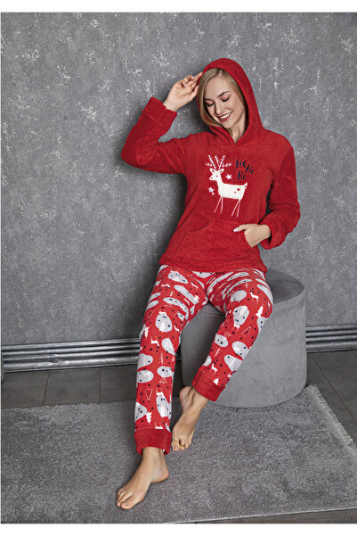 MOPİ Welsoft Hooded Kangaroo Pocket Long Sleeve Plush Soft and Warm 2-Piece Pajama Set