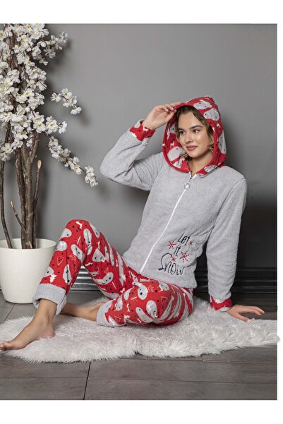 MOPİ Welsoft Hooded Zippered Long Sleeve Plush Soft and Warm 2-Piece Pajama Set