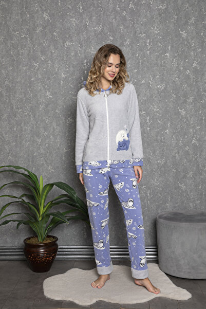 MOPİ طقم بيجامة من قطعتين من ويلسوفت بغطاء للرأس وسحاب وأكمام طويلة، ناعم ودافئ