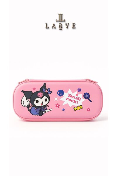 kuromi Licensed Pink Pen Holder with Hard Cover, 2-Section Organizer with Eyelet, Premium Design