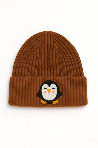 byebruketenci Brown Children's Beret Yellow Foot Penguin Punch Patterned Luxury Wool Hat Christmas Gift