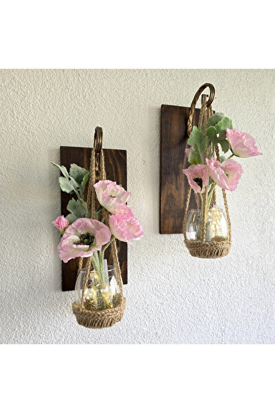 STDEKOR Wall Decoration, Led Lighted, Pink Poppy Flowers, Walnut Sconce Set of Two