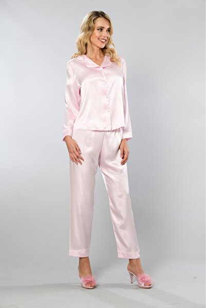 Viselya Λευκό σετ πιτζάμες από ροζ σατέν με ρέλι