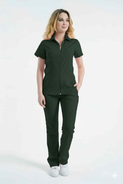 LİZY STORE Asteria-Green Women's Zipper Nurse Doctor Uniform Set Scrubs Suit Hospital Uniform