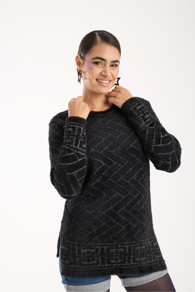 Moda Days Pulover de tricotat pentru femei, negru, argintiu, Y cu fantă B guler rotund