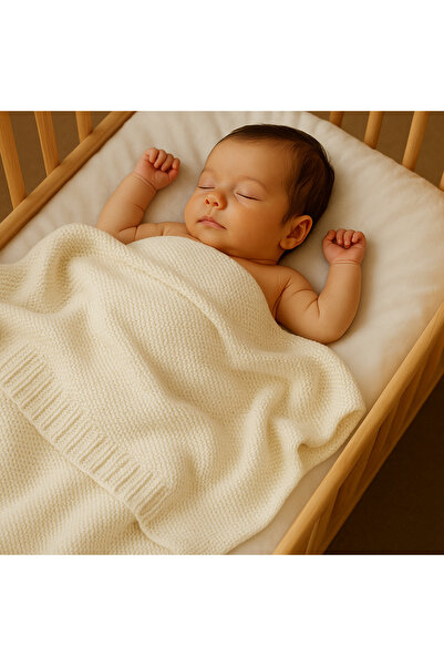 Battani.Co Knitted Baby Blanket for Baby Girl and Boy 85cm X85Cm 100% Cotton Kotonel Ecru